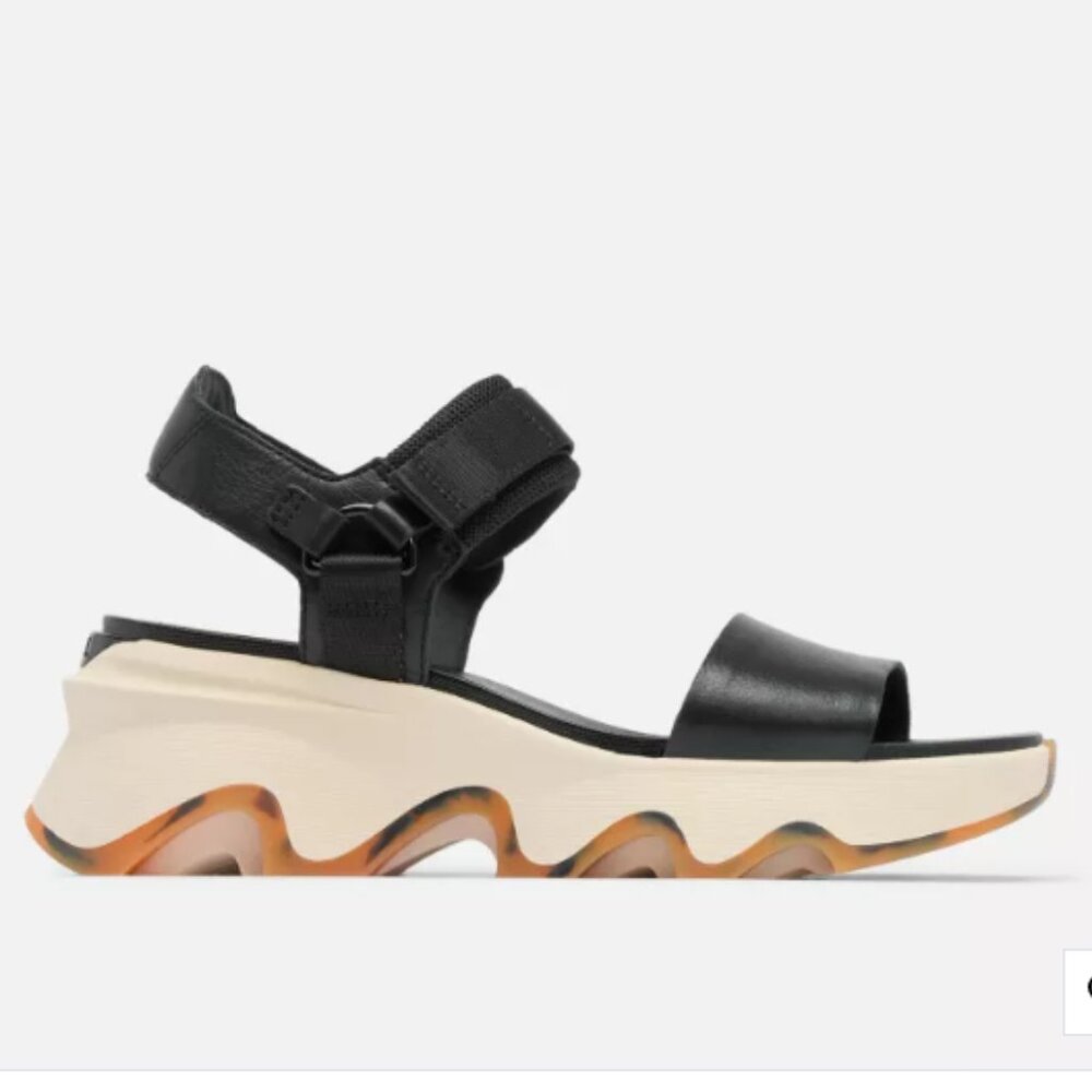 Sorel Kinetic Black Leather Sandals Adjustable Strap Wedge Womens Size 10 Shoes